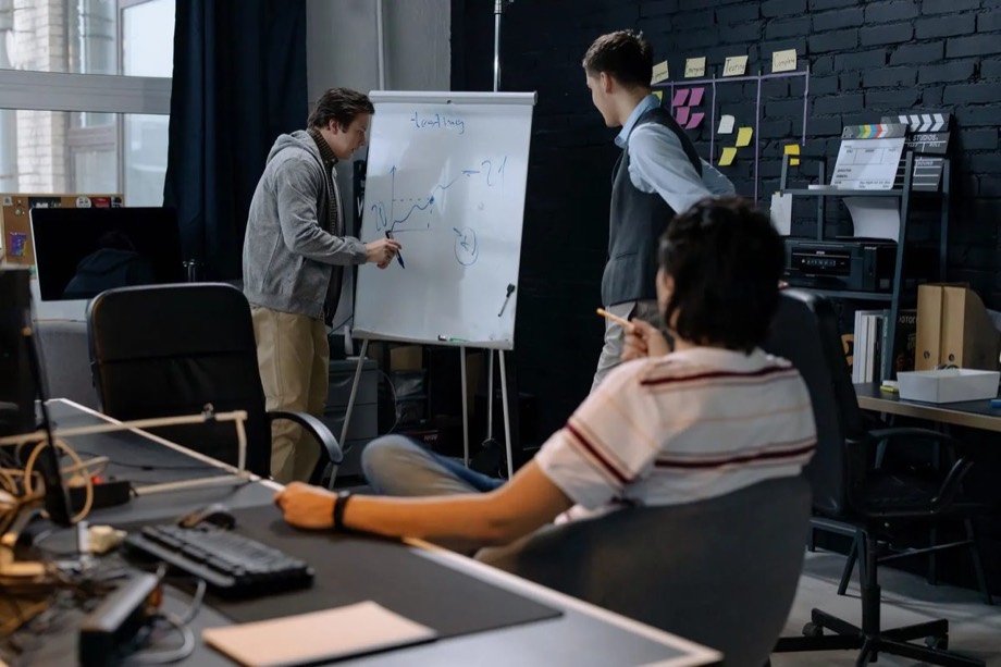 A startup team planning growth at a flipchart